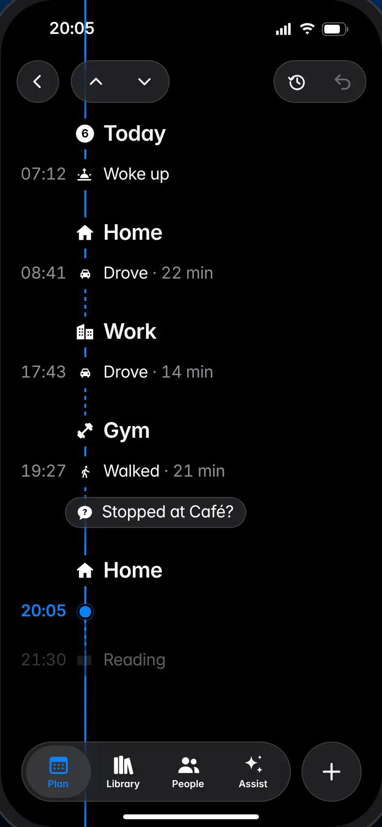 Vidita's Plan tab, today: woke up at 07:12, Home, a drive to Work, a drive to the Gym, a walk home with a question asking whether you stopped at a café, now, and Reading still ahead.